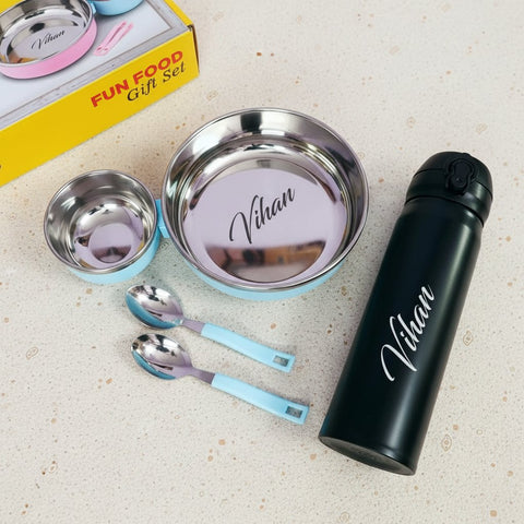 Personalized Kids Thali Set with Hot & Cold Flask | Custom Name