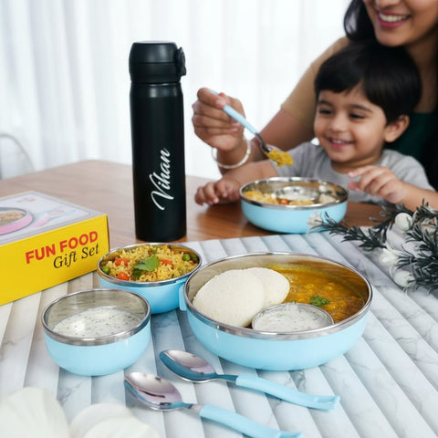 Personalized Kids Thali Set with Hot & Cold Flask | Custom Name