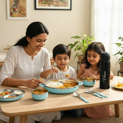 Personalized Kids Thali Set with Hot & Cold Flask | Custom Name