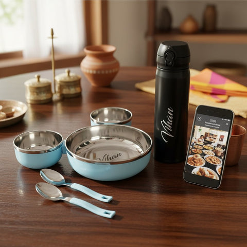 Personalized Kids Thali Set with Hot & Cold Flask | Custom Name