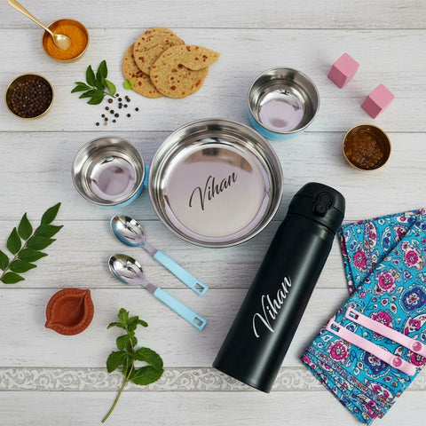 Personalized Kids Thali Set with Hot & Cold Flask | Custom Name