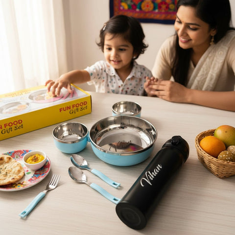 Personalized Kids Thali Set with Hot & Cold Flask | Custom Name