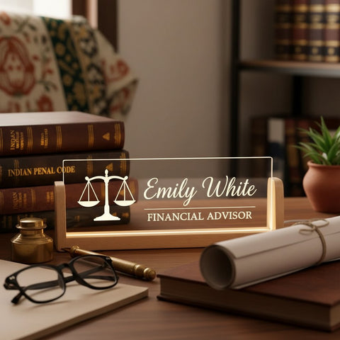 Custom LED Name Plate for Financial Advisors | Engraved Balance Scale