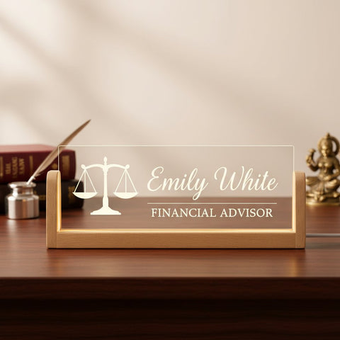 Custom LED Name Plate for Financial Advisors | Engraved Balance Scale