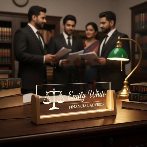 Custom LED Name Plate for Financial Advisors | Engraved Balance Scale