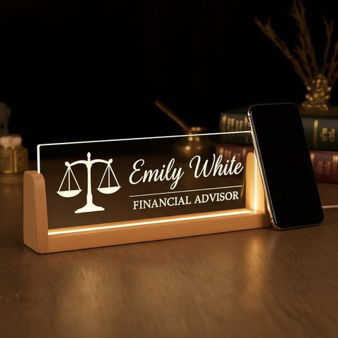 Custom LED Name Plate for Financial Advisors | Engraved Balance Scale