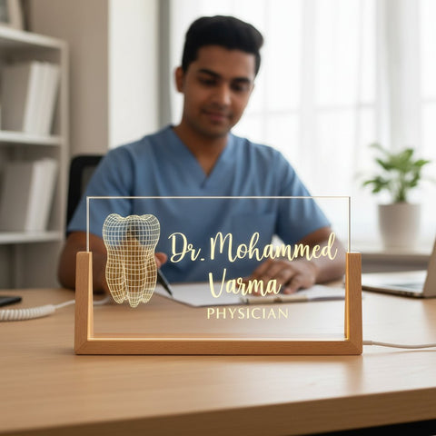 Custom LED Doctor Name Plate with Wooden Base | Personalized Medical Gift