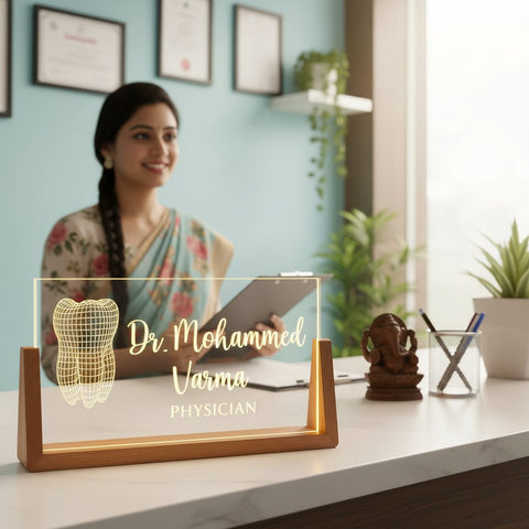 Custom LED Doctor Name Plate with Wooden Base | Personalized Medical Gift