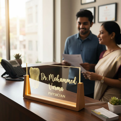 Custom LED Doctor Name Plate with Wooden Base | Personalized Medical Gift