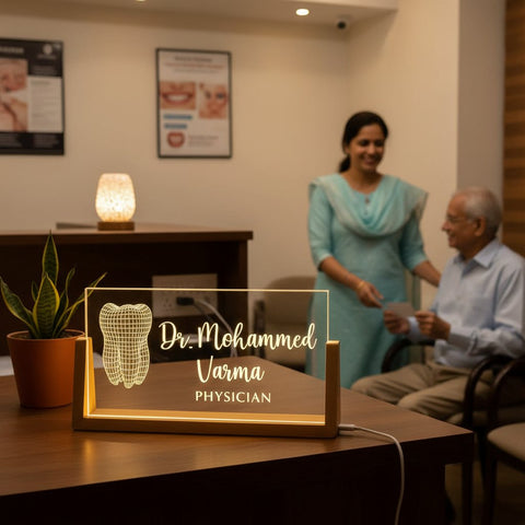 Custom LED Doctor Name Plate with Wooden Base | Personalized Medical Gift