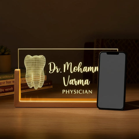 Custom LED Doctor Name Plate with Wooden Base | Personalized Medical Gift