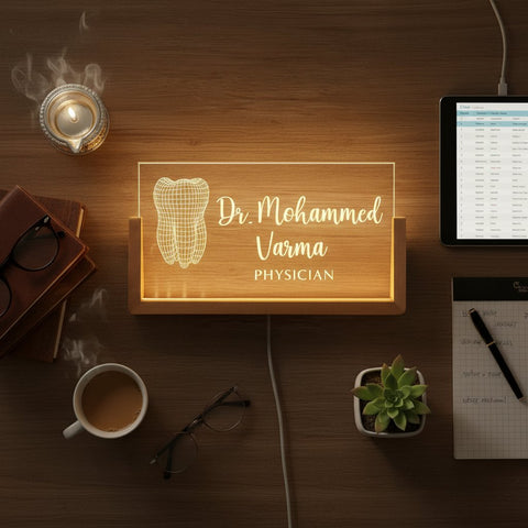 Custom LED Doctor Name Plate with Wooden Base | Personalized Medical Gift