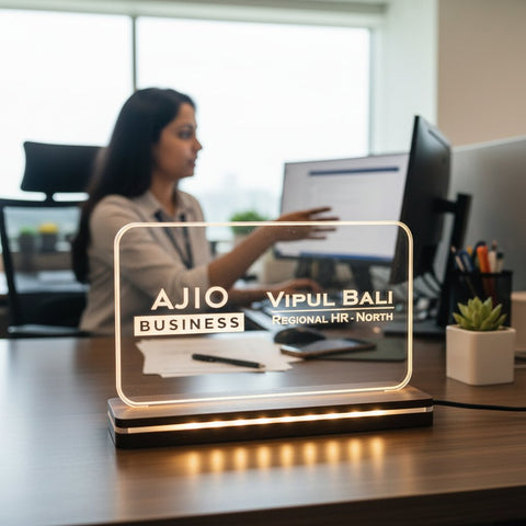 Personalized LED Acrylic Desk Sign – Custom Name & Logo Engraved | Warm White & Multi Colour | 8" & 9" | Office & Home Decor