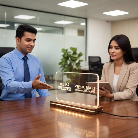 Personalized LED Acrylic Desk Sign – Custom Name & Logo Engraved | Warm White & Multi Colour | 8" & 9" | Office & Home Decor