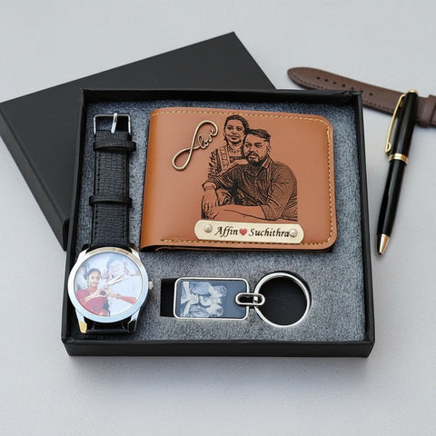Personalized Photo Men's Gift Set: Wallet, Watch & Keychain Combo