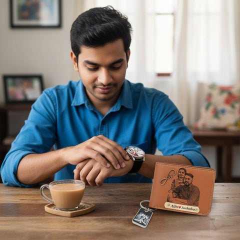 Personalized Photo Men's Gift Set: Wallet, Watch & Keychain Combo