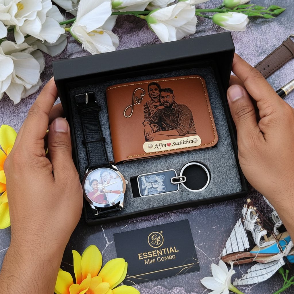 Personalized Photo Men's Gift Set: Wallet, Watch & Keychain Combo