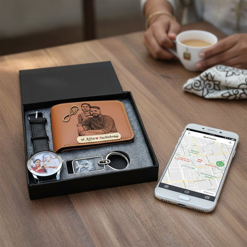 Personalized Photo Men's Gift Set: Wallet, Watch & Keychain Combo