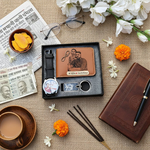 Personalized Photo Men's Gift Set: Wallet, Watch & Keychain Combo