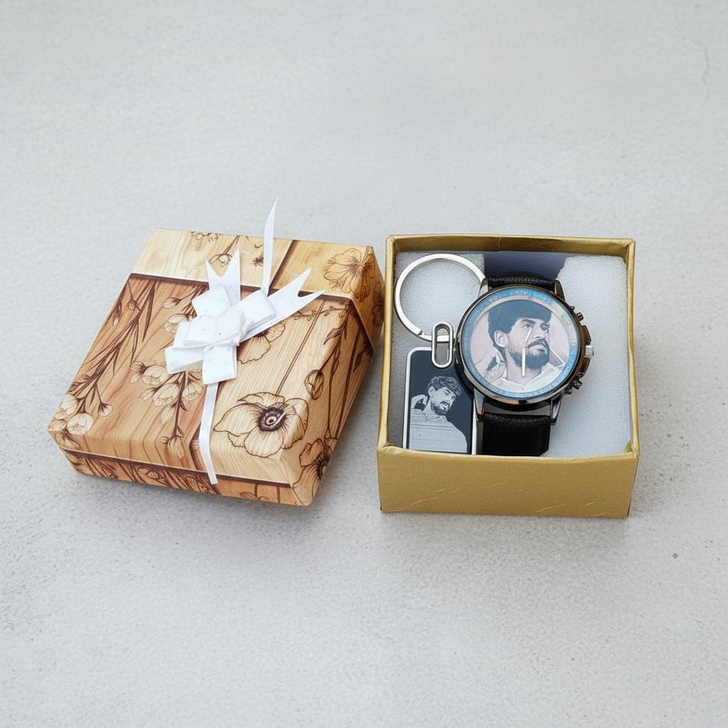 Personalized Photo Watch & Sketch Keychain Combo Gift