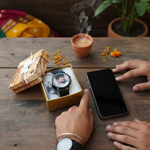 Personalized Photo Watch & Sketch Keychain Combo Gift