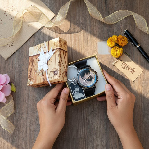 Personalized Photo Watch & Sketch Keychain Combo Gift
