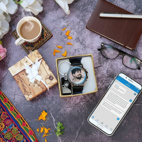 Personalized Photo Watch & Sketch Keychain Combo Gift