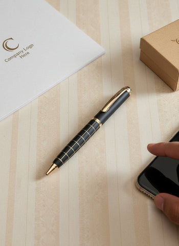 Custom Gold Checkered Pen with Stylus - Engravable Gift