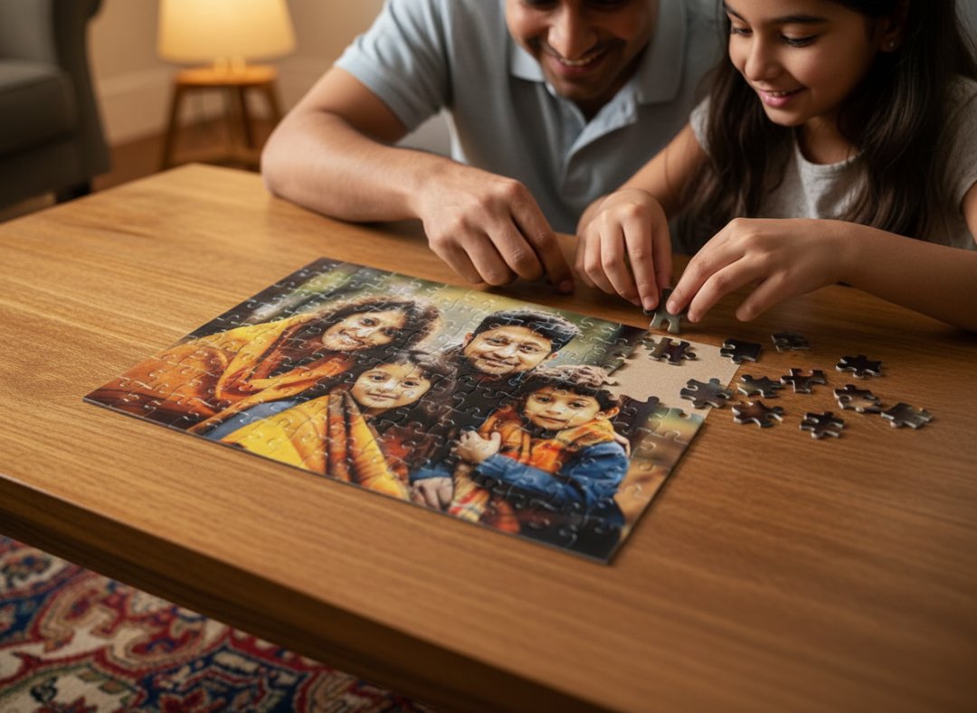 Man and young girl assembling a puzzle of a family on a wooden table.