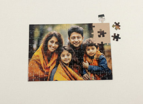 Jigsaw puzzle with a family photo on a white background