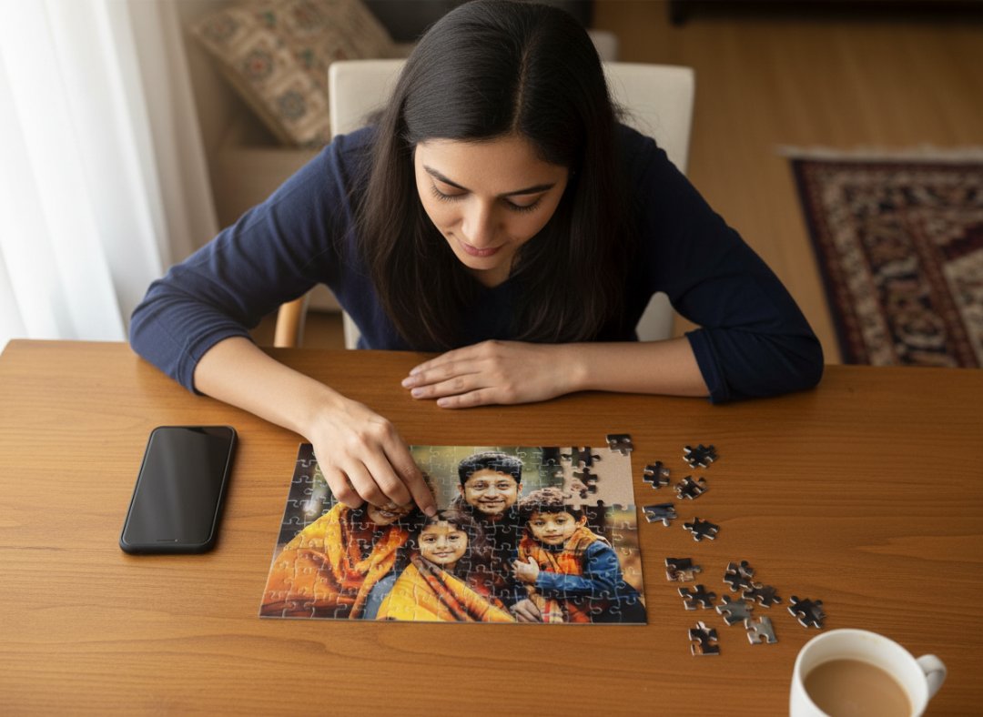 Woman assembling a puzzle of a family on a wooden table with a phone and coffee cup nearby.