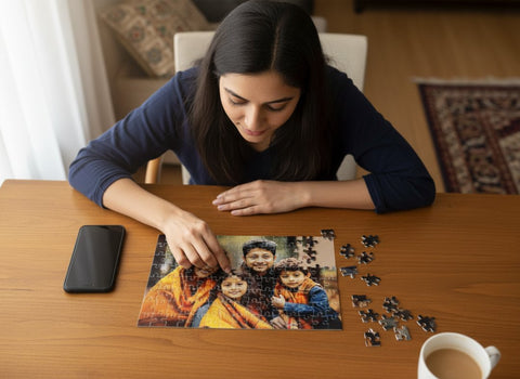 Woman assembling a puzzle of a family on a wooden table with a phone and coffee cup nearby.