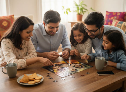 Family of four, including two adults and two children, sitting around a table working on a puzzle together.