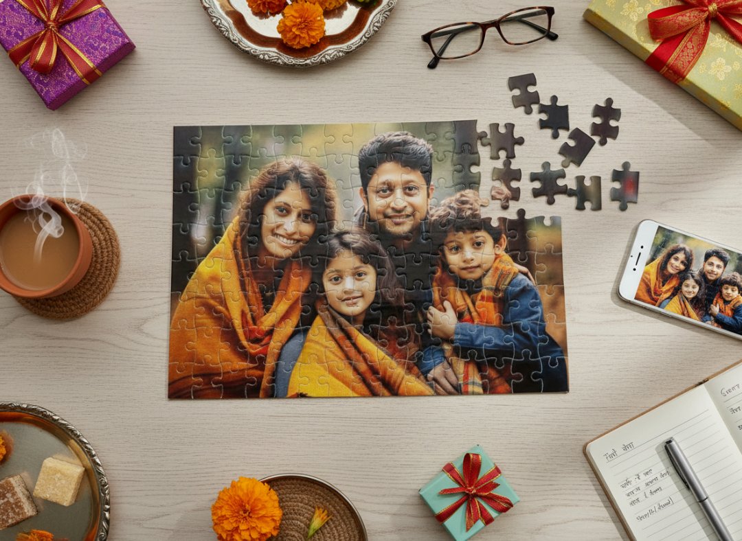 Personalized family photo puzzle on a table with festive decorations