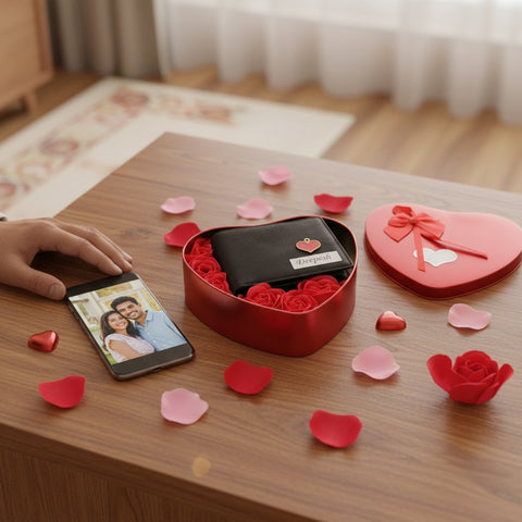 Personalized Lexus Leather Wallet Gift Set | Heart Box & Flowers