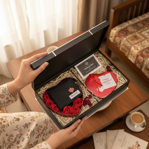 Personalized Lexus Leather Wallet Gift Set | Heart Box & Flowers