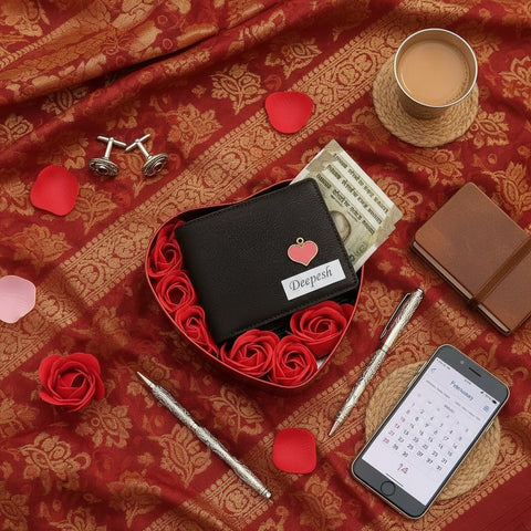 Personalized Lexus Leather Wallet Gift Set | Heart Box & Flowers