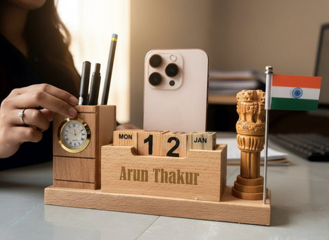 Personalized Wooden Desk Organizer with Perpetual Calendar & Emblem