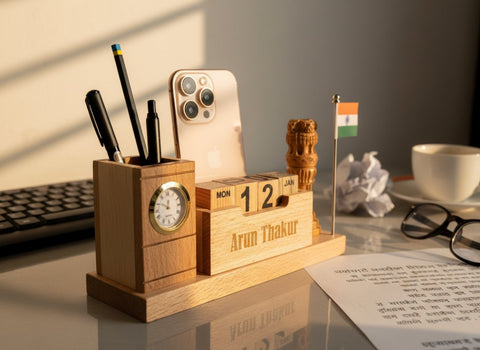 Personalized Wooden Desk Organizer with Perpetual Calendar & Emblem