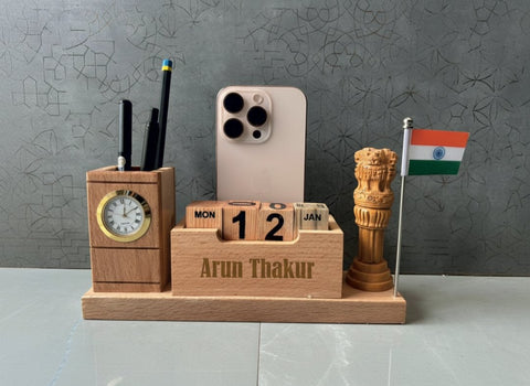 Personalized Wooden Desk Organizer with Perpetual Calendar & Emblem