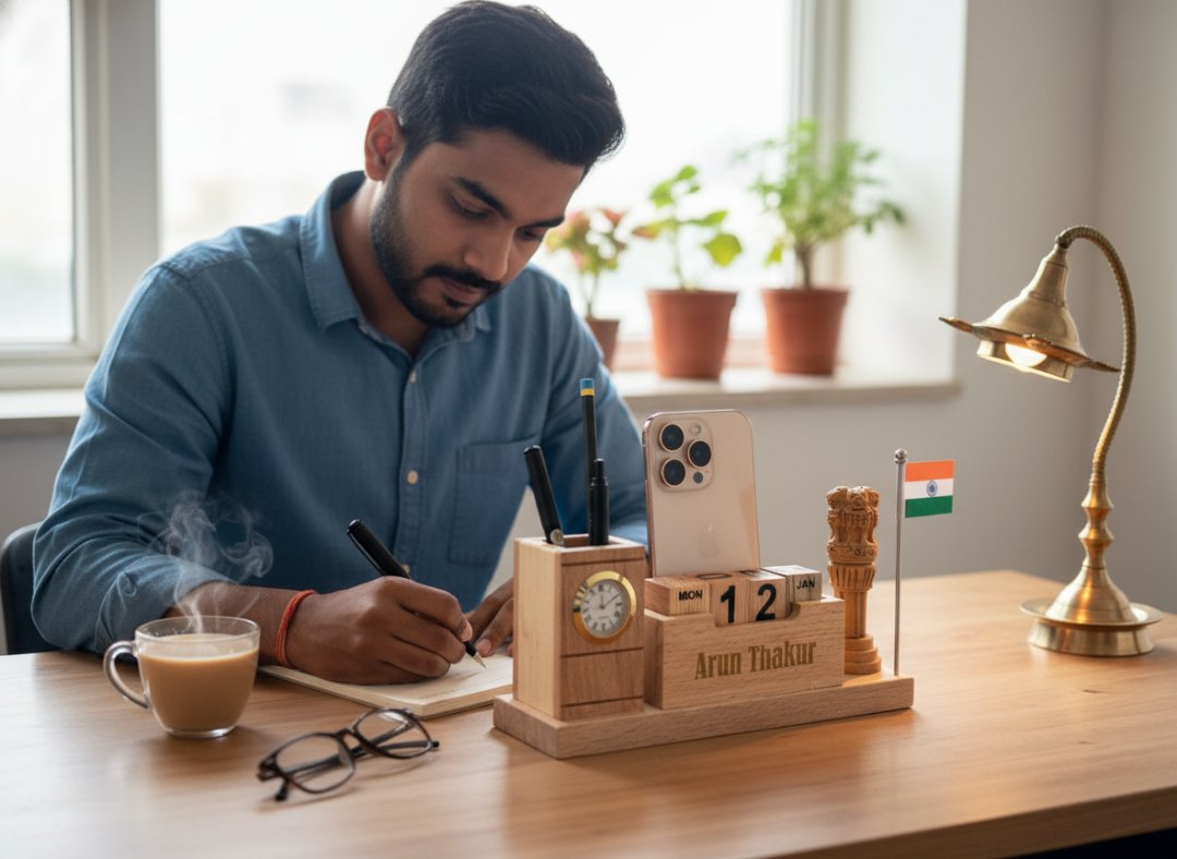 Personalized Wooden Desk Organizer with Perpetual Calendar & Emblem