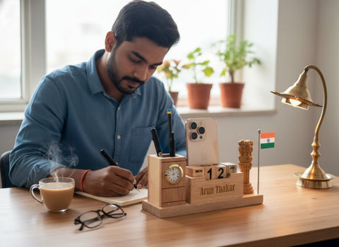 Personalized Wooden Desk Organizer with Perpetual Calendar & Emblem
