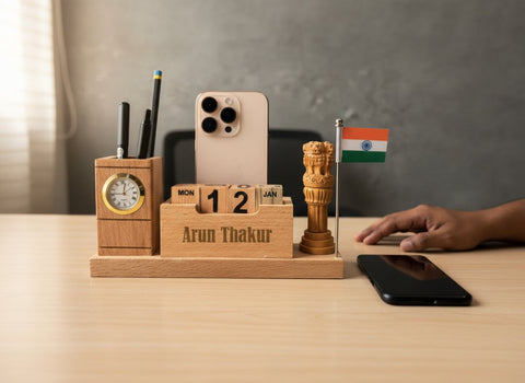 Personalized Wooden Desk Organizer with Perpetual Calendar & Emblem