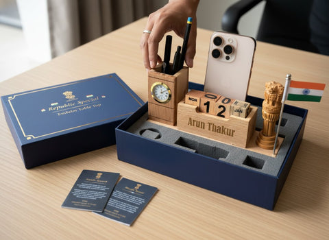 Personalized Wooden Desk Organizer with Perpetual Calendar & Emblem