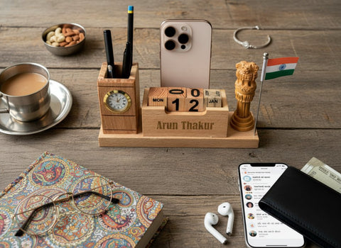 Personalized Wooden Desk Organizer with Perpetual Calendar & Emblem