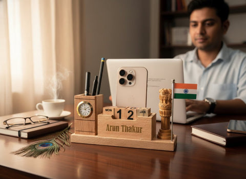 Personalized Wooden Desk Organizer with Perpetual Calendar & Emblem