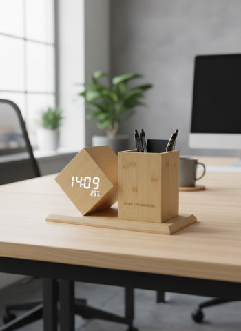 Personalized Bamboo Desk Clock & Pen Stand | USB Powered