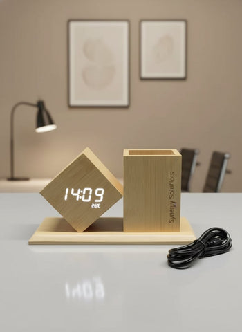 Personalized Bamboo Desk Clock & Pen Stand | USB Powered