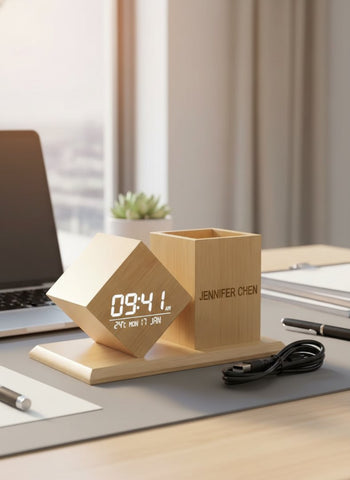 Personalized Bamboo Desk Clock & Pen Stand | USB Powered