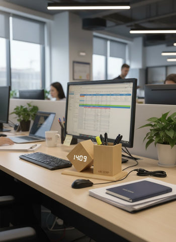Personalized Bamboo Desk Clock & Pen Stand | USB Powered